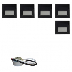 Zestaw 5x oprawa schodowa ontario czarna + zasilacz puszka fi60 20W 12V DC ciepła